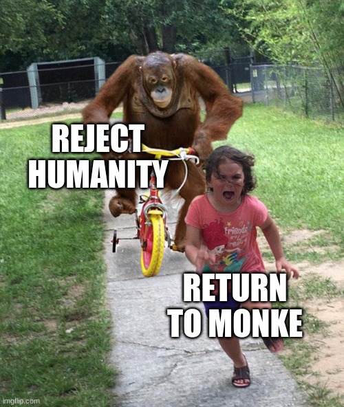 Orangutan chasing girl on a tricycle | REJECT HUMANITY; RETURN TO MONKE | image tagged in orangutan chasing girl on a tricycle | made w/ Imgflip meme maker