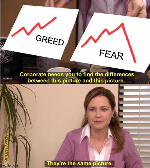 Market psychology | GREED; FEAR; LIMITLESS.APP/SG | image tagged in memes,they're the same picture | made w/ Imgflip meme maker