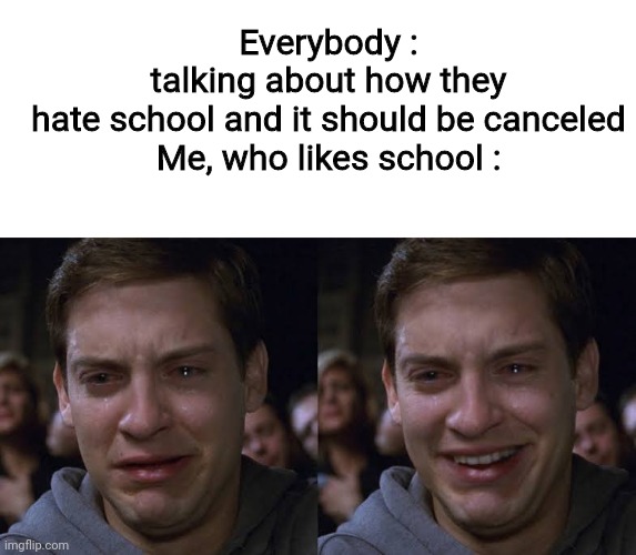 Like bruh | Everybody : talking about how they hate school and it should be canceled

Me, who likes school : | image tagged in toby maguire crying and laughing | made w/ Imgflip meme maker