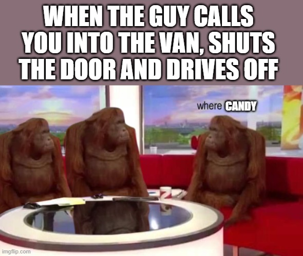 Candy | WHEN THE GUY CALLS YOU INTO THE VAN, SHUTS THE DOOR AND DRIVES OFF; CANDY | image tagged in where banana,monke,candy,memes,funny,banana | made w/ Imgflip meme maker