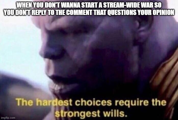 The hardest choices require the strongest wills | WHEN YOU DON'T WANNA START A STREAM-WIDE WAR SO YOU DON'T REPLY TO THE COMMENT THAT QUESTIONS YOUR OPINION | image tagged in the hardest choices require the strongest wills | made w/ Imgflip meme maker