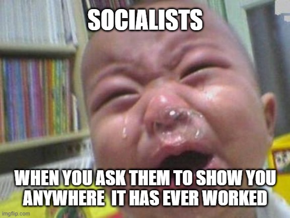 Where Has Socialism EVER Worked? Answer: Nowhere | SOCIALISTS; WHEN YOU ASK THEM TO SHOW YOU
ANYWHERE  IT HAS EVER WORKED | image tagged in baby cry | made w/ Imgflip meme maker