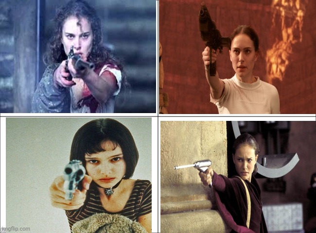 Natalie Portman army! | image tagged in 4 panel comic,four,natalie portman,girl with gun,dont mess with natalie | made w/ Imgflip meme maker