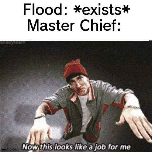 E | Flood: *exists*
Master Chief: | image tagged in now this looks like a job for me | made w/ Imgflip meme maker