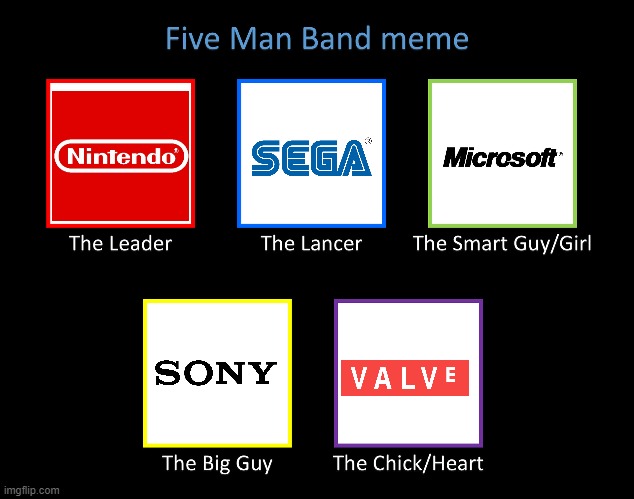 5 man band for gamers | image tagged in nintendo,sega,microsoft,sony,valve | made w/ Imgflip meme maker