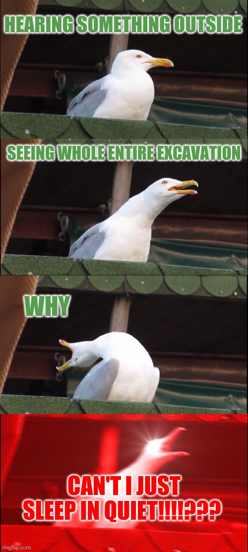 Does this happen to anyone else | HEARING SOMETHING OUTSIDE; SEEING WHOLE ENTIRE EXCAVATION; WHY; CAN'T I JUST SLEEP IN QUIET!!!!??? | image tagged in memes,sleep | made w/ Imgflip meme maker