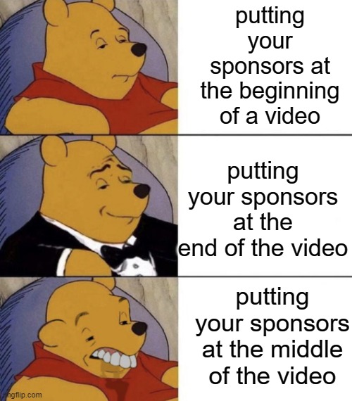 pls dont put sponsors in the middle of the video | putting your sponsors at the beginning of a video; putting your sponsors at the end of the video; putting your sponsors at the middle of the video | image tagged in whinnie the poo normal fancy gross | made w/ Imgflip meme maker