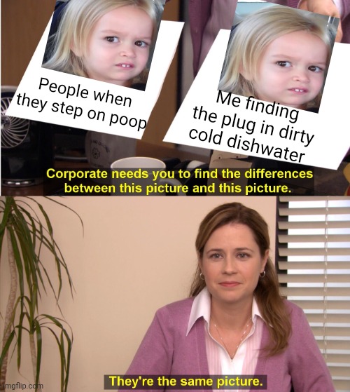 Dirty Dishwater | People when they step on poop; Me finding the plug in dirty cold dishwater | image tagged in memes,they're the same picture,disgusted face,unimpressed little girl,dishwasher,dishes | made w/ Imgflip meme maker