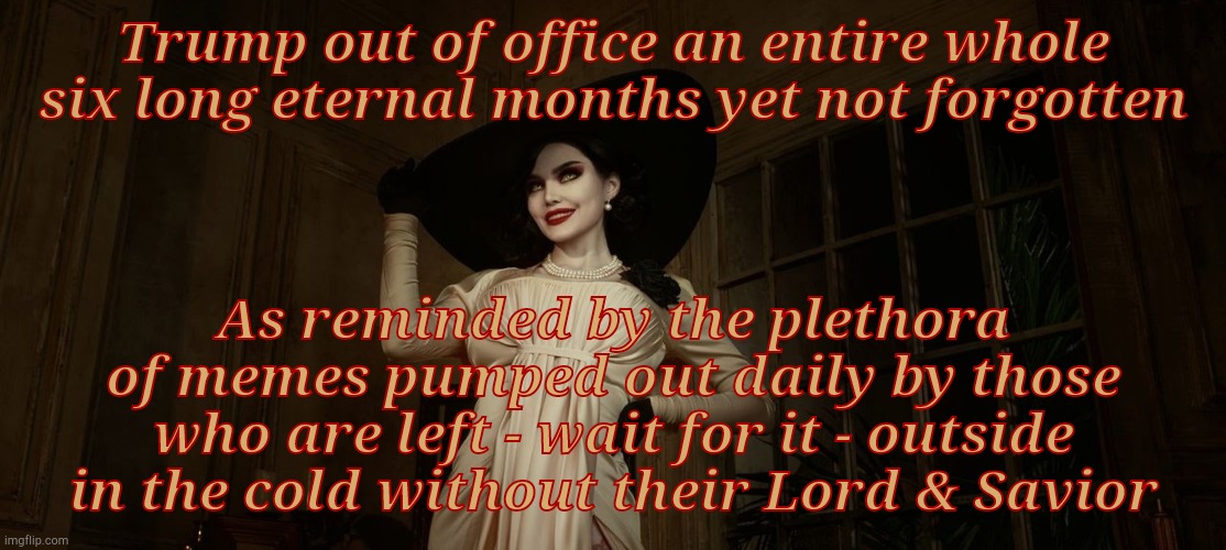 Lady Dimitrescu Resident Evil Village | Trump out of office an entire whole six long eternal months yet not forgotten As reminded by the plethora of memes pumped out daily by those | image tagged in lady dimitrescu resident evil village | made w/ Imgflip meme maker