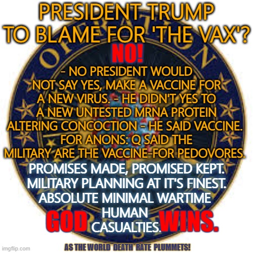 Trump not to blame for Covid-19 Vax Deaths | PRESIDENT TRUMP TO BLAME FOR 'THE VAX'? - NO PRESIDENT WOULD NOT SAY YES, MAKE A VACCINE FOR A NEW VIRUS. - HE DIDN'T YES TO A NEW UNTESTED MRNA PROTEIN ALTERING CONCOCTION - HE SAID VACCINE. 
FOR ANONS: Q SAID THE MILITARY ARE THE VACCINE-FOR PEDOVORES. NO! PROMISES MADE, PROMISED KEPT.
MILITARY PLANNING AT IT'S FINEST.
ABSOLUTE MINIMAL WARTIME 
HUMAN 
CASUALTIES. GOD                WINS. AS THE WORLD  DEATH  RATE  PLUMMETS! | image tagged in trump,vax,deaths,vaccines,mrna | made w/ Imgflip meme maker