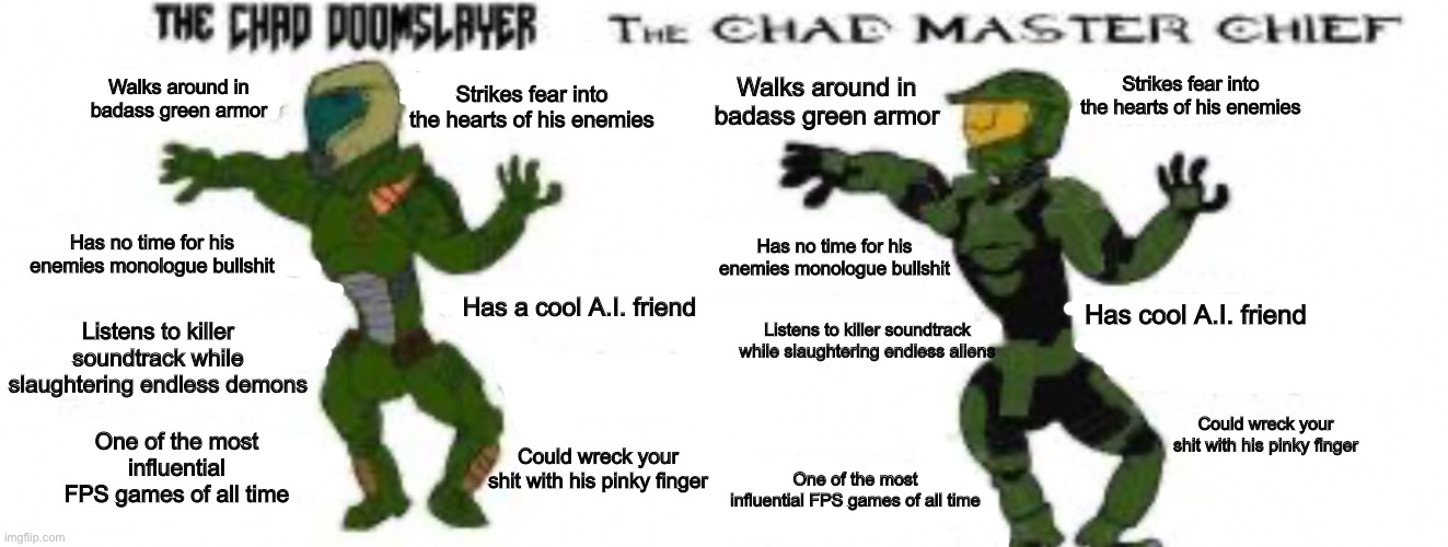 Walks around in badass green armor Strikes fear into the hearts of his enemies Has no time for his enemies monologue bullshit Has a cool A.I | made w/ Imgflip meme maker