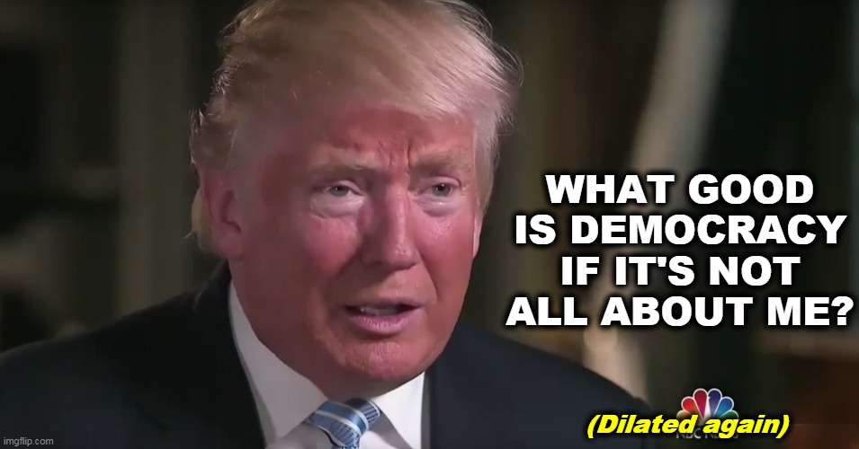 Still not clean. | WHAT GOOD IS DEMOCRACY IF IT'S NOT ALL ABOUT ME? (Dilated again) | image tagged in trump tears and dilated pupils,trump,democracy,killer | made w/ Imgflip meme maker