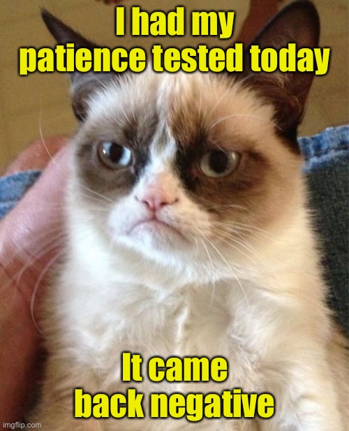 Grumpy Cat | I had my patience tested today; It came back negative | image tagged in memes,grumpy cat | made w/ Imgflip meme maker