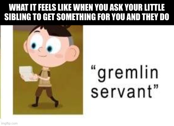 Day25 of making memes from random photos of characters I love until I love myself | WHAT IT FEELS LIKE WHEN YOU ASK YOUR LITTLE SIBLING TO GET SOMETHING FOR YOU AND THEY DO | image tagged in siblings,camp camp,gremlin,servant | made w/ Imgflip meme maker