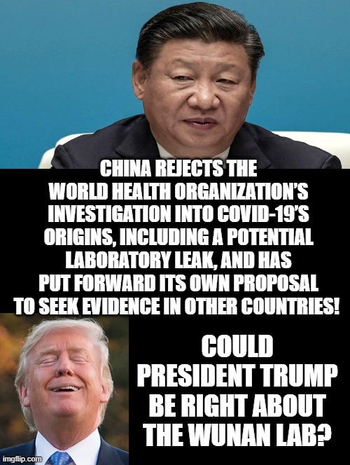 Could President Trump be right about the Wunan Lab? | CHINA REJECTS THE WORLD HEALTH ORGANIZATION’S INVESTIGATION INTO COVID-19’S ORIGINS, INCLUDING A POTENTIAL LABORATORY LEAK, AND HAS PUT FORWARD ITS OWN PROPOSAL TO SEEK EVIDENCE IN OTHER COUNTRIES! COULD PRESIDENT TRUMP BE RIGHT ABOUT THE WUNAN LAB? | image tagged in wuhan,corona virus,china virus,trump | made w/ Imgflip meme maker