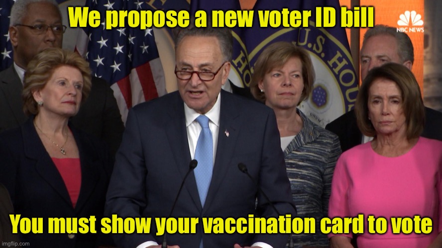 The Democrat voter fraud bill | We propose a new voter ID bill; You must show your vaccination card to vote | image tagged in democrat congressmen | made w/ Imgflip meme maker