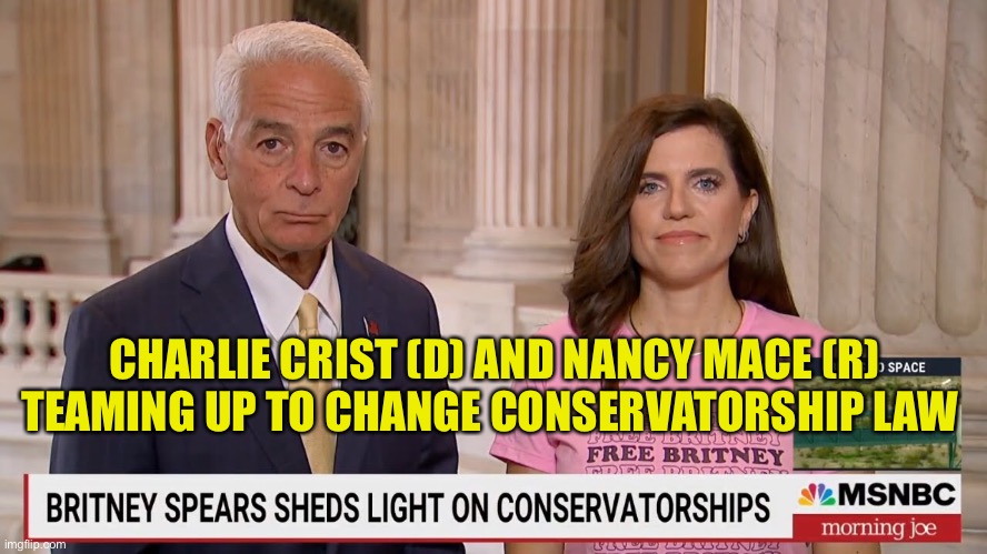 It's not a matter of left and right.  It's a matter of right and wrong. | CHARLIE CRIST (D) AND NANCY MACE (R) TEAMING UP TO CHANGE CONSERVATORSHIP LAW | image tagged in charlie crist,nancy mace | made w/ Imgflip meme maker