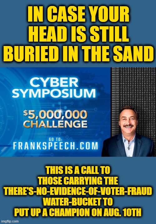 Mike Lindell is offering any Cyber Data expert $5 Million to debunk the voter fraud evidence | IN CASE YOUR HEAD IS STILL BURIED IN THE SAND; THIS IS A CALL TO THOSE CARRYING THE THERE'S-NO-EVIDENCE-OF-VOTER-FRAUD WATER-BUCKET TO PUT UP A CHAMPION ON AUG. 10TH | made w/ Imgflip meme maker