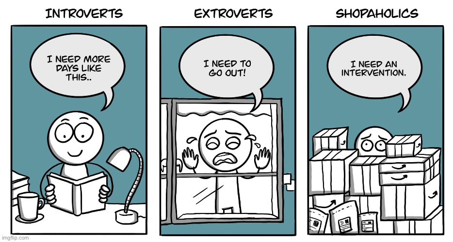 the one in the middle is literally me, who relates to one of these? | image tagged in funny,comics/cartoons,introverts,extroverts,shopping,intervention | made w/ Imgflip meme maker