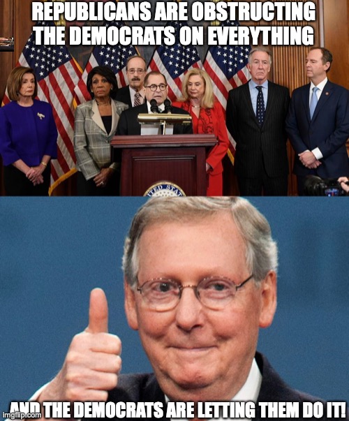 REPUBLICANS ARE OBSTRUCTING THE DEMOCRATS ON EVERYTHING; AND THE DEMOCRATS ARE LETTING THEM DO IT! | image tagged in house democrats,trump republicans and guns | made w/ Imgflip meme maker
