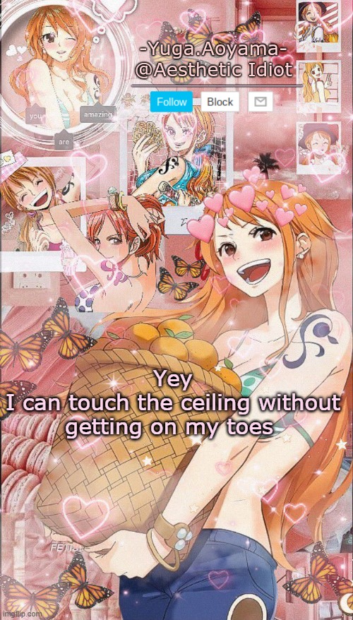 Nami temp 2 | Yey
I can touch the ceiling without getting on my toes | image tagged in nami temp 2 | made w/ Imgflip meme maker