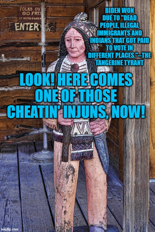 Another slap in the face to the original "Americans," who are not from India. | BIDEN WON DUE TO "DEAD PEOPLE, ILLEGAL IMMIGRANTS AND INDIANS THAT GOT PAID TO VOTE IN DIFFERENT PLACES."--THE TANGERINE TYRANT; LOOK! HERE COMES ONE OF THOSE CHEATIN' INJUNS, NOW! | image tagged in politics | made w/ Imgflip meme maker