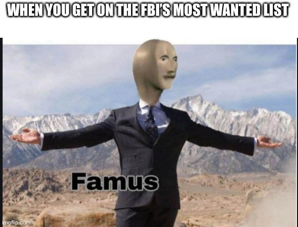 Lets go I’m famous | WHEN YOU GET ON THE FBI’S MOST WANTED LIST | image tagged in stonks famus | made w/ Imgflip meme maker