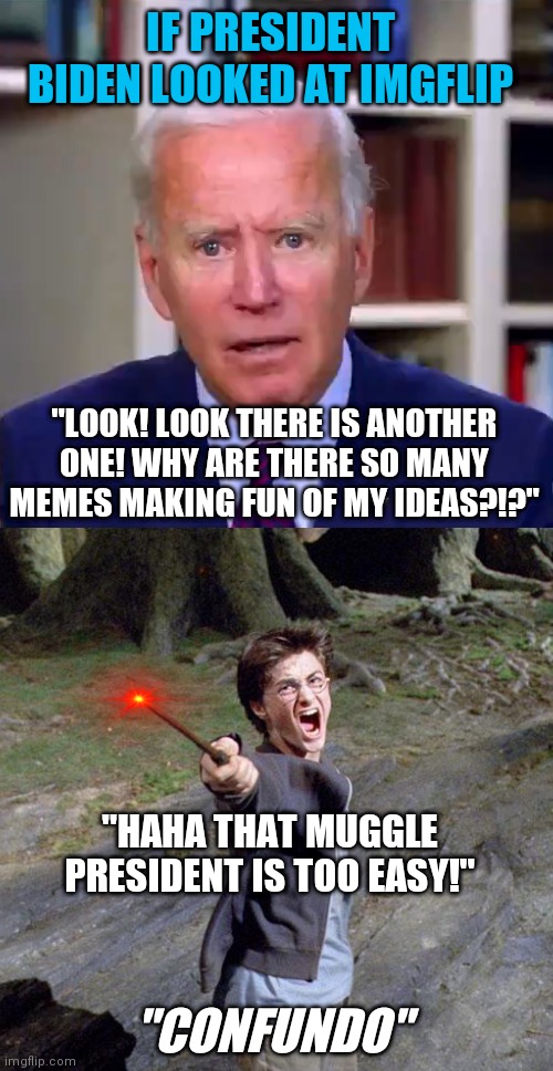 Maybe Biden should blame Wizards for his odd ideas? | IF PRESIDENT BIDEN LOOKED AT IMGFLIP; "LOOK! LOOK THERE IS ANOTHER ONE! WHY ARE THERE SO MANY MEMES MAKING FUN OF MY IDEAS?!?"; "HAHA THAT MUGGLE PRESIDENT IS TOO EASY!"; "CONFUNDO" | image tagged in slow joe biden dementia face,bad ideas,politicians | made w/ Imgflip meme maker