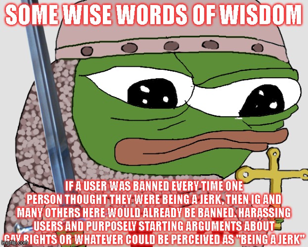 in no way do i support the ban of anyone here who hasn't broken tos | SOME WISE WORDS OF WISDOM; IF A USER WAS BANNED EVERY TIME ONE PERSON THOUGHT THEY WERE BEING A JERK, THEN IG AND MANY OTHERS HERE WOULD ALREADY BE BANNED. HARASSING USERS AND PURPOSELY STARTING ARGUMENTS ABOUT GAY RIGHTS OR WHATEVER COULD BE PERCEIVED AS "BEING A JERK" | image tagged in pepe crusader,richard,yall got baby rage | made w/ Imgflip meme maker
