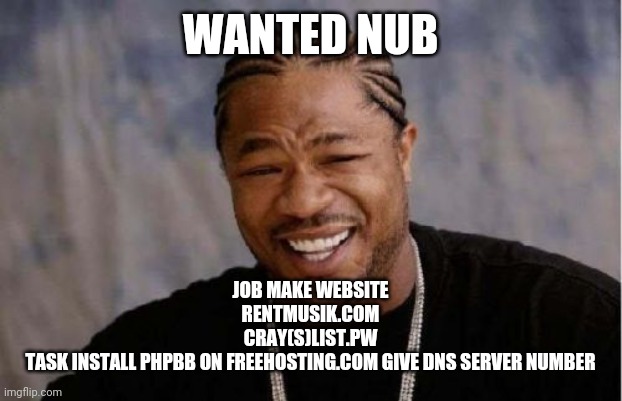 job for nub | WANTED NUB; JOB MAKE WEBSITE
RENTMUSIK.COM
CRAY(S)LIST.PW
TASK INSTALL PHPBB ON FREEHOSTING.COM GIVE DNS SERVER NUMBER | image tagged in memes,yo dawg heard you | made w/ Imgflip meme maker