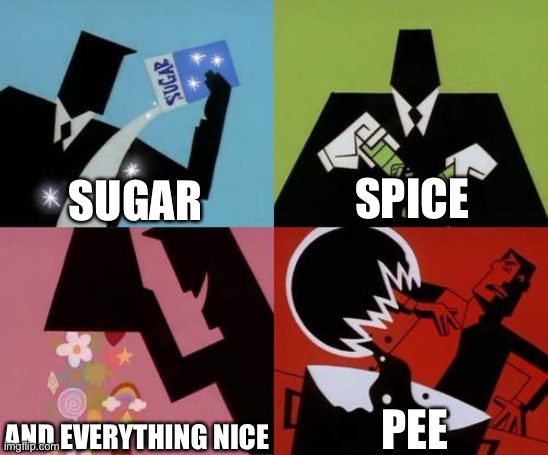 Yes, p | SUGAR; SPICE; AND EVERYTHING NICE; PEE | image tagged in powerpuff girls creation | made w/ Imgflip meme maker
