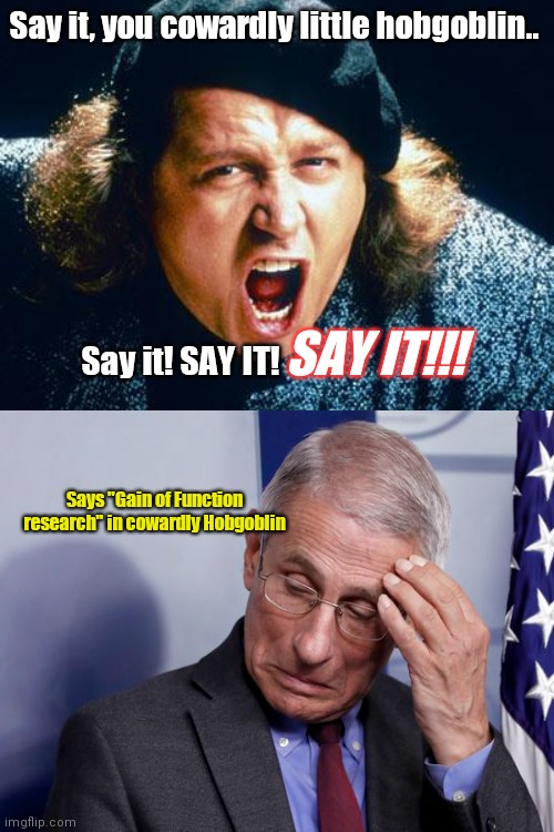 If only Sam was still with us... |  Say it, you cowardly little hobgoblin.. SAY IT!!! Say it! SAY IT! Says "Gain of Function research" in cowardly Hobgoblin | image tagged in sam kinison,anthony fauci,liar,gain of function research,covid-19 | made w/ Imgflip meme maker