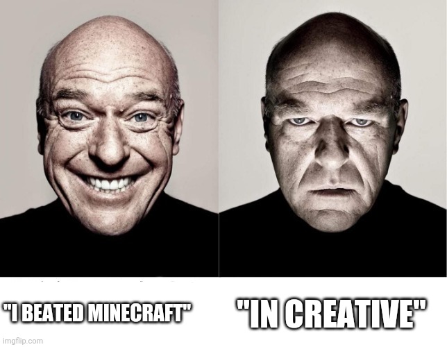 breaking bad smile frown | "IN CREATIVE"; "I BEATED MINECRAFT" | image tagged in breaking bad smile frown | made w/ Imgflip meme maker