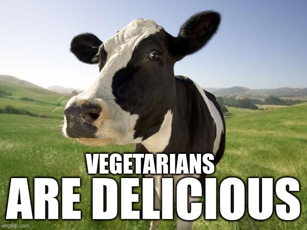 cow | VEGETARIANS ARE DELICIOUS | image tagged in cow | made w/ Imgflip meme maker