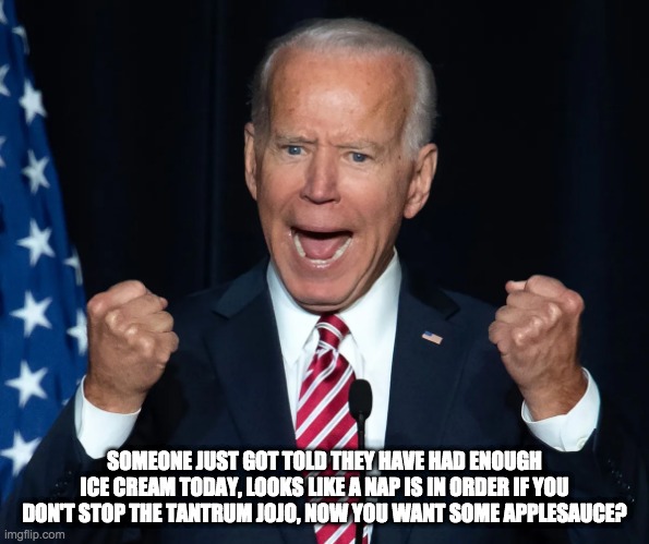 Ice cream mad - rohb/rupe | SOMEONE JUST GOT TOLD THEY HAVE HAD ENOUGH ICE CREAM TODAY, LOOKS LIKE A NAP IS IN ORDER IF YOU DON'T STOP THE TANTRUM JOJO, NOW YOU WANT SOME APPLESAUCE? | image tagged in joe biden | made w/ Imgflip meme maker