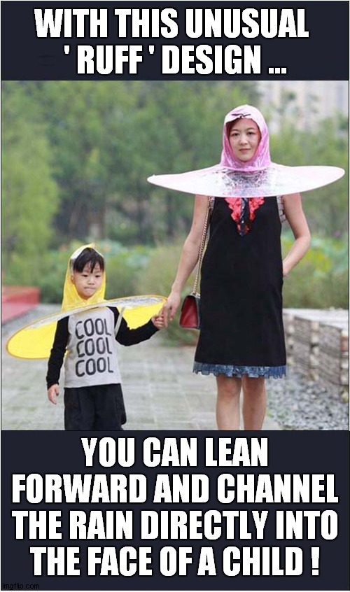 Is This Cool ? | WITH THIS UNUSUAL 
' RUFF ' DESIGN ... YOU CAN LEAN FORWARD AND CHANNEL THE RAIN DIRECTLY INTO THE FACE OF A CHILD ! | image tagged in fashion,rain,elizabethan ruff | made w/ Imgflip meme maker