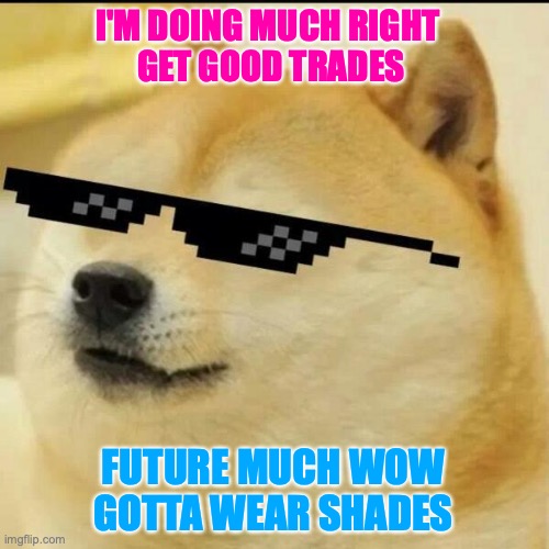 Future Much Wow | I'M DOING MUCH RIGHT 
GET GOOD TRADES; FUTURE MUCH WOW
GOTTA WEAR SHADES | image tagged in sunglass doge,doge,much wow,dogecoin,doge army,cryptocurrency | made w/ Imgflip meme maker