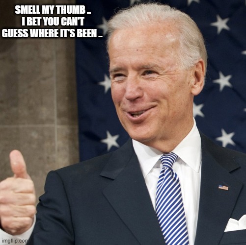 biden | SMELL MY THUMB .. I BET YOU CAN'T GUESS WHERE IT'S BEEN .. | image tagged in smelly | made w/ Imgflip meme maker