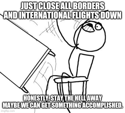 Table Flip Guy Meme | JUST CLOSE ALL BORDERS AND INTERNATIONAL FLIGHTS DOWN HONESTLY, STAY THE HELL AWAY MAYBE WE CAN GET SOMETHING ACCOMPLISHED. | image tagged in memes,table flip guy | made w/ Imgflip meme maker