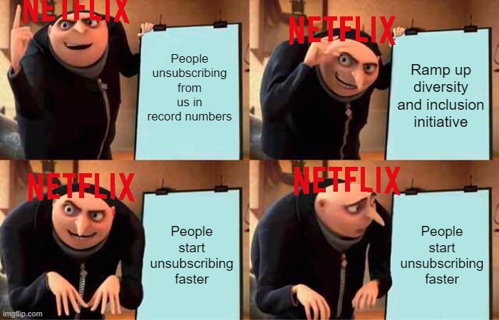 Gru's Plan | People unsubscribing from us in record numbers; Ramp up diversity and inclusion initiative; People start unsubscribing faster; People start unsubscribing faster | image tagged in memes,gru's plan | made w/ Imgflip meme maker