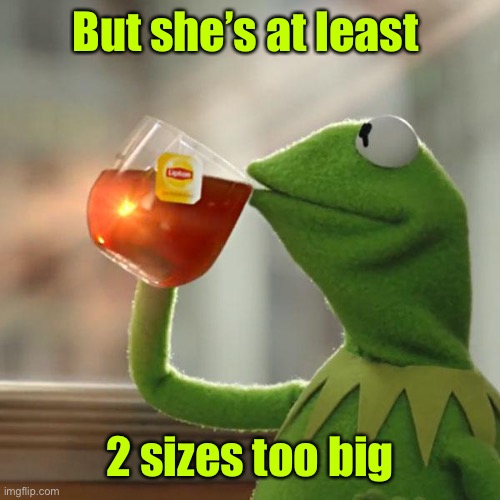But That's None Of My Business Meme | But she’s at least 2 sizes too big | image tagged in memes,but that's none of my business,kermit the frog | made w/ Imgflip meme maker