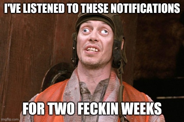 Crazy People | I'VE LISTENED TO THESE NOTIFICATIONS; FOR TWO FECKIN WEEKS | image tagged in crazy people | made w/ Imgflip meme maker