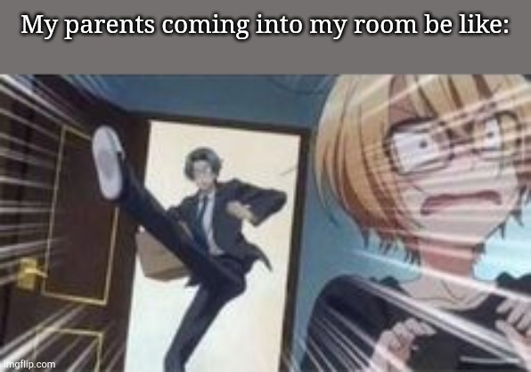 Anime guy barging into room | My parents coming into my room be like: | image tagged in anime guy barging into room | made w/ Imgflip meme maker