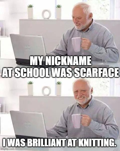 Hide the Pain Harold | MY NICKNAME AT SCHOOL WAS SCARFACE; I WAS BRILLIANT AT KNITTING. | image tagged in memes,hide the pain harold | made w/ Imgflip meme maker