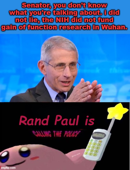 DOJ criminal referral on the way | Senator, you don't know what you're talking about. i did not lie, the NIH did not fund gain of function research in Wuhan. Rand Paul is | image tagged in dr fauci 2020,kirby's calling the police,rand paul | made w/ Imgflip meme maker
