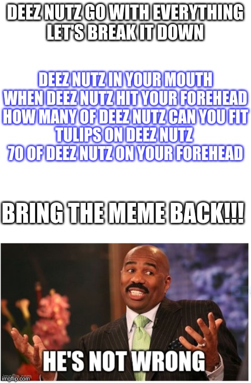 Deez nutz coming back | DEEZ NUTZ GO WITH EVERYTHING
LET'S BREAK IT DOWN; DEEZ NUTZ IN YOUR MOUTH
WHEN DEEZ NUTZ HIT YOUR FOREHEAD
HOW MANY OF DEEZ NUTZ CAN YOU FIT
TULIPS ON DEEZ NUTZ 
70 OF DEEZ NUTZ ON YOUR FOREHEAD; BRING THE MEME BACK!!! | image tagged in blank white template,well he's not 'wrong' | made w/ Imgflip meme maker