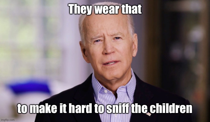 Joe Biden 2020 | They wear that to make it hard to sniff the children | image tagged in joe biden 2020 | made w/ Imgflip meme maker