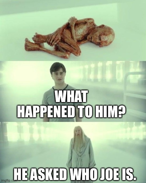 He asked who joe is. | WHAT HAPPENED TO HIM? HE ASKED WHO JOE IS. | image tagged in dead baby voldemort / what happened to him | made w/ Imgflip meme maker