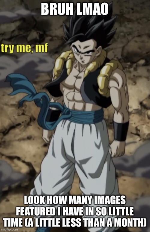 Gogeta try me | BRUH LMAO; LOOK HOW MANY IMAGES FEATURED I HAVE IN SO LITTLE TIME (A LITTLE LESS THAN A MONTH) | image tagged in gogeta try me | made w/ Imgflip meme maker