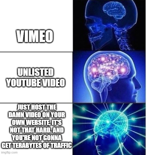 Mind Blow | VIMEO; UNLISTED YOUTUBE VIDEO; JUST HOST THE DAMN VIDEO ON YOUR OWN WEBSITE, IT'S NOT THAT HARD. AND YOU'RE NOT GONNA GET TERABYTES OF TRAFFIC | image tagged in mind blow | made w/ Imgflip meme maker